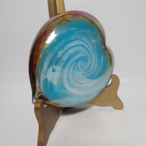 Hand Blown Glass Heart Paperweight Multi Color Swirl Glitter Spiral Center Heavy - Picture 2 of 11